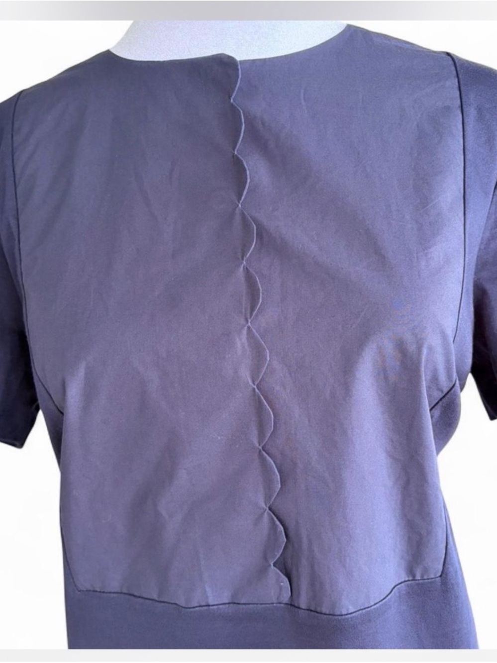 COS Navy Short Sleeve 100% Cotton Top with Scalloped Center Detail